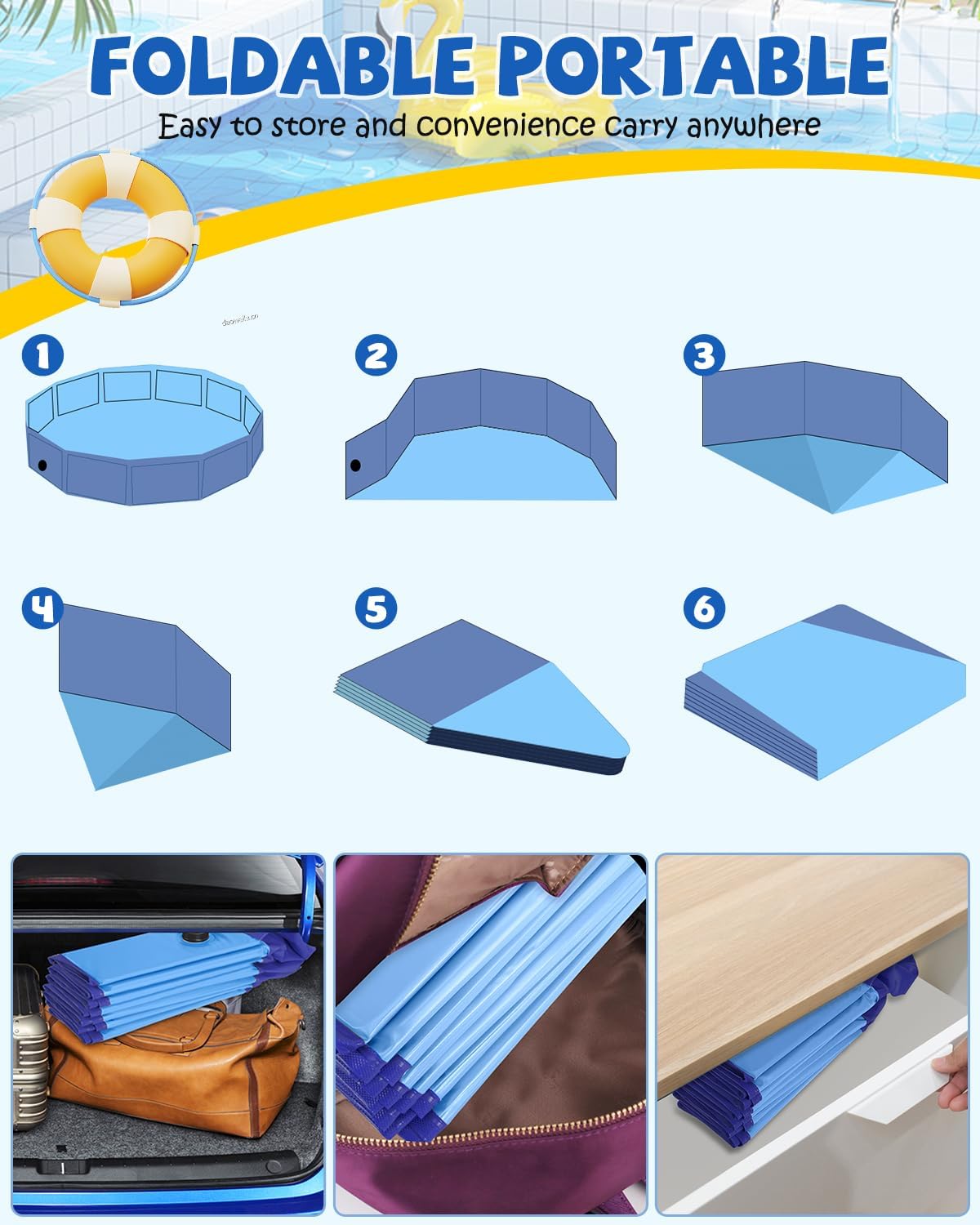 YSJILIDE Portable Dog Pool PVC Pet Swimming Bathtub Collapsible Hard - Blue / L-48" x 12" - image 3