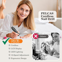 PELCAS Electric Nail Drills, Professional Cordless Nail File Kit with Light, 10 Speeds Manicure & Pedicure Kit for Human, Pet, Thick Toenails, Natural & Acrylic Nails Grey