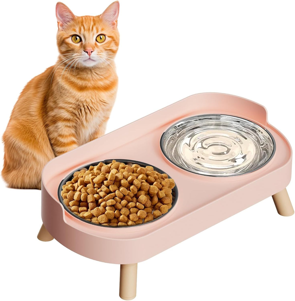 Elevated Cat Bowl, Raised Cat Food and Water Bowl Set for Indoor Cats, Splash Proof with 2 - Cat Bowls-Pink