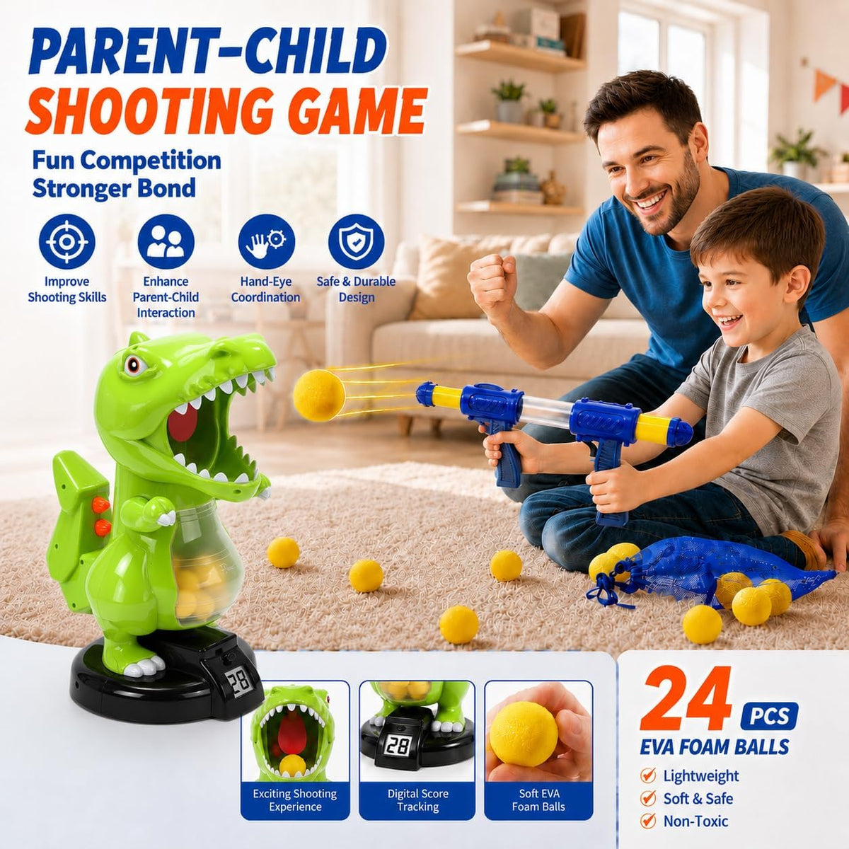 EagleStone T-Rex Dinosaur Shooting Target Game Toys with Air Power - Green - image 3