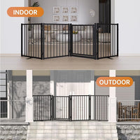 Full Metal Freestanding Dog Gate with Door, 24'' Height Foldable Pet Dog Fence for Indoor & Outdoor, 2 Panels Extra Wide Free Standing SmallDog Gates for Doorways,House,Stairs,Porch,Deck,Yard