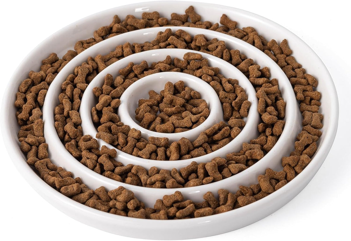 Ceramic Cat Slow Feeder,Shallow and Wide Opening Dish for Whisker Friendly – Essentials for Cats - 3 Rings Maze