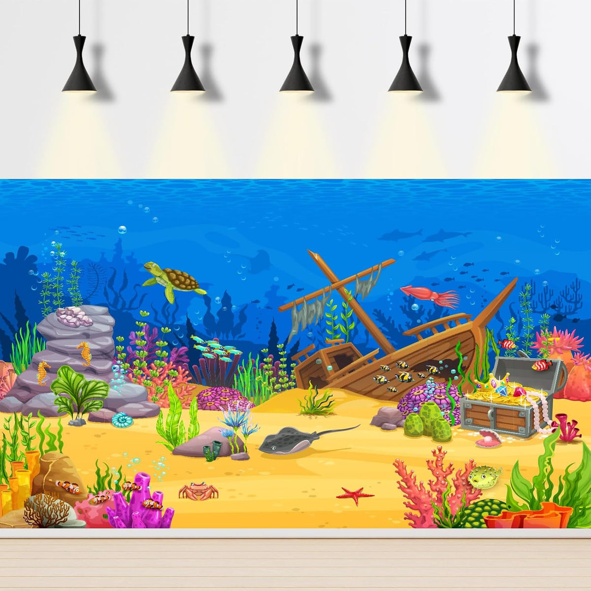 Under The Sea Aquarium Background Turquoise Underwater World Theme - 36(W)x20(H)in / Light Blue - image 3