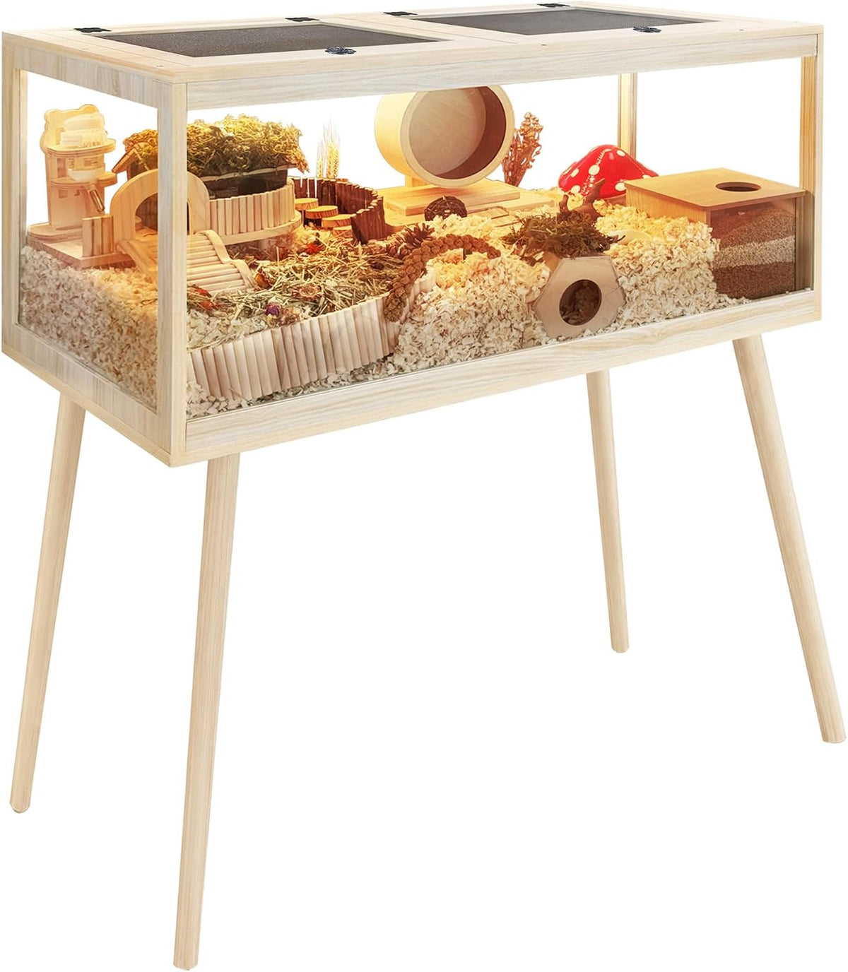 PROLEE Small Animal Cage, Hamster Cage Wooden Roof - 48.0"L x 20.0"W x 47.5"H / Metal Mesh Roof