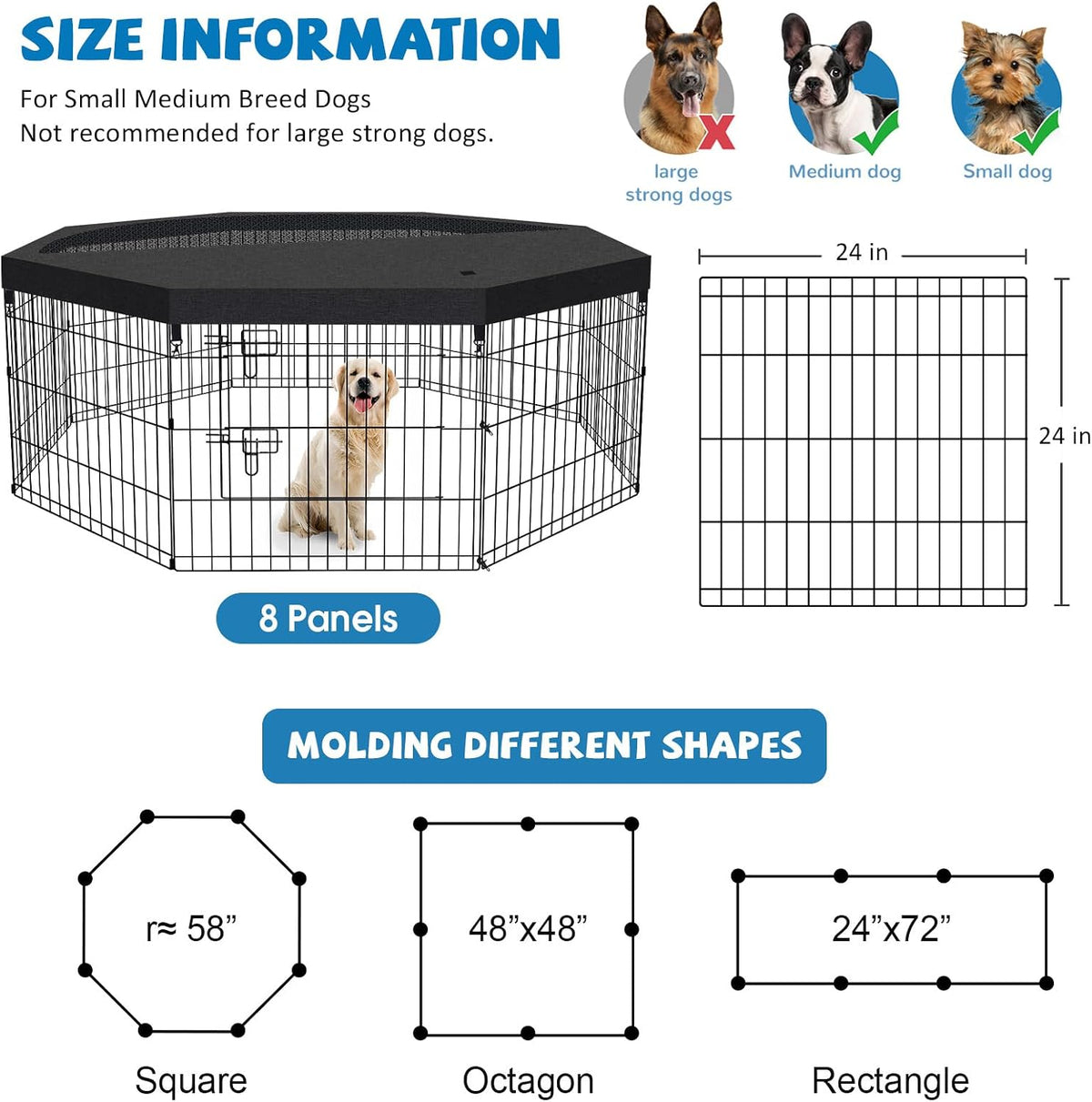 PEEKABOO Foldable Rustproof Dog Playpen with Door, 8 Panels 24"H – Essentials for Dogs - 8 Panels 24"H x 24"W Playpen+Top Cover - image 2