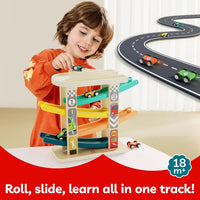 TOP BRIGHT wooden toddler car ramp race track with rooftop parking lot and 4 colorful cars - view 6