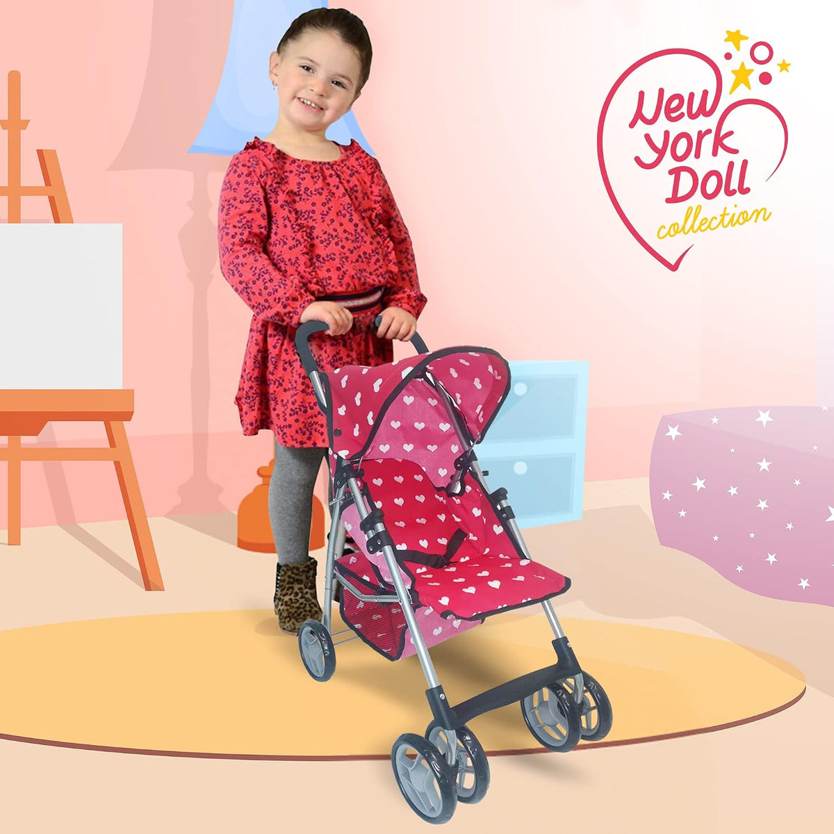 Baby Doll Stroller for Toddler Girls & Big Kids up to 8 Years Old - Pink Hearts - image 2