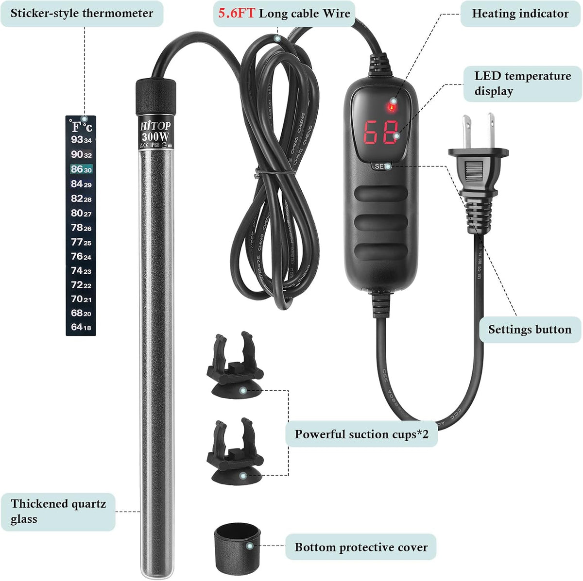 HITOP Mini Submersible Aquarium Heater 50W Digital Heater for Fish - (45-75Gal) 300W - image 2