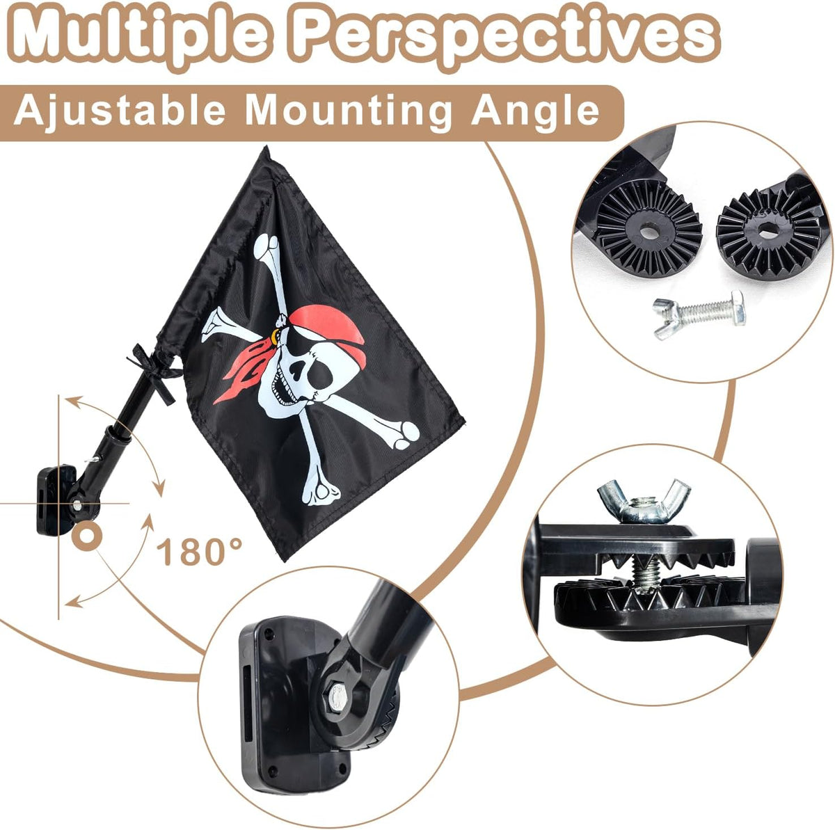 ifeolo double sided pirate flag with skull, crossbones and red scarf on a stainless steel pole - view 3