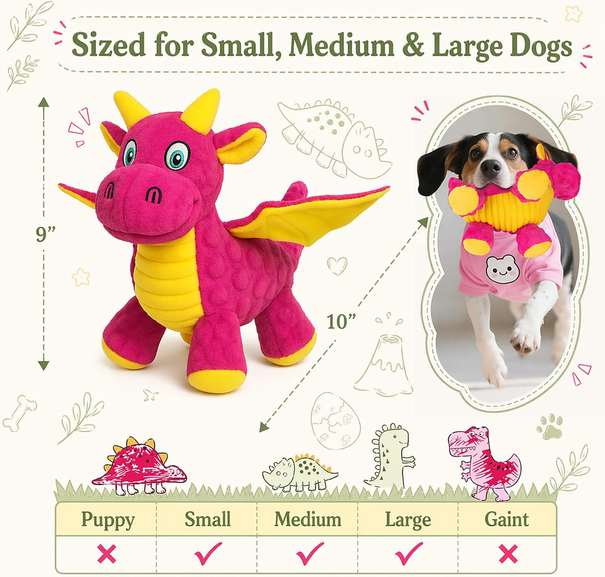 Squeaky Dog Toy, Plush Dragon with 5 Squeakers and Crinkle Wings - Pink - image 4