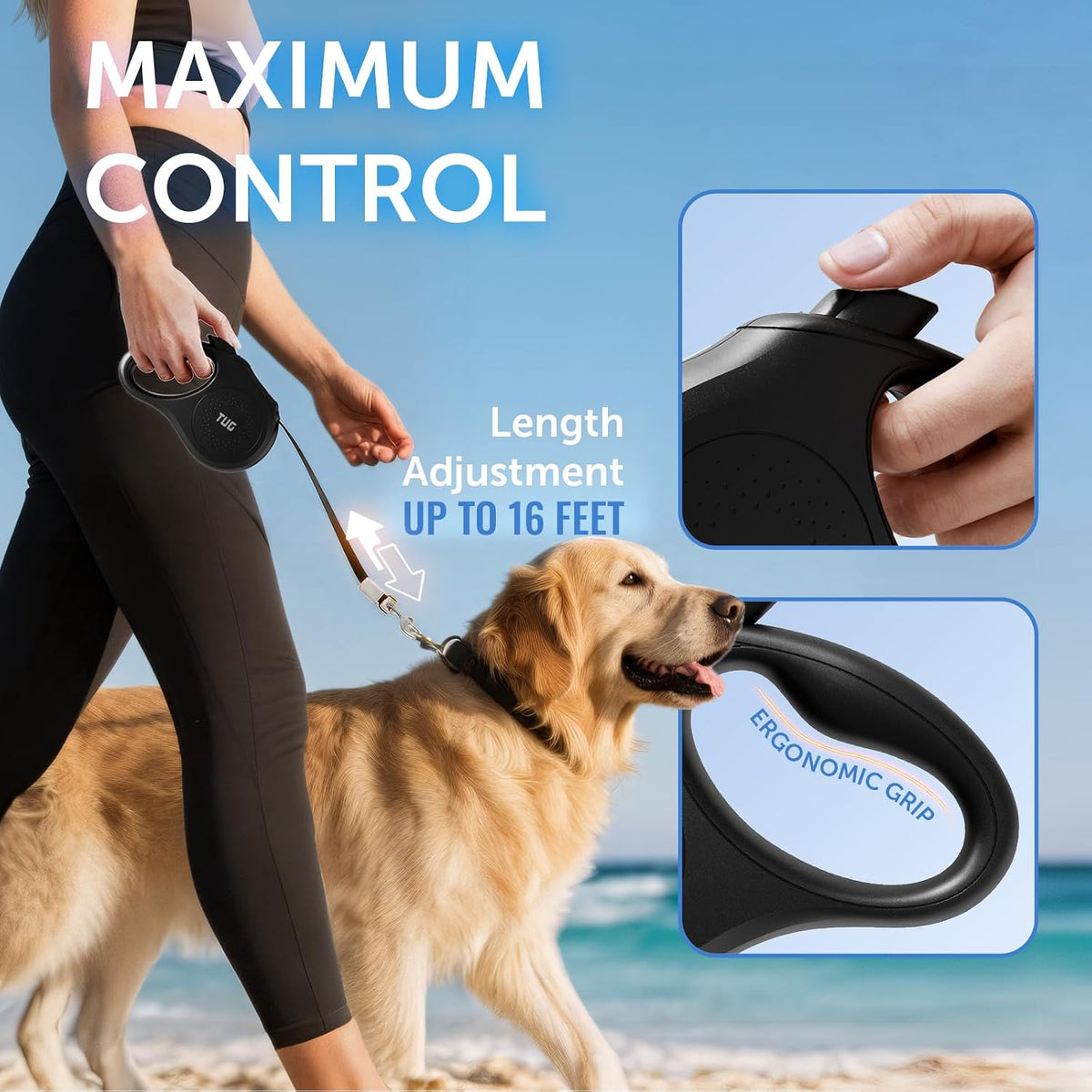 TUG Quest Retractable Dog Leash, 360° Tangle-Free - Black / Small - image 2
