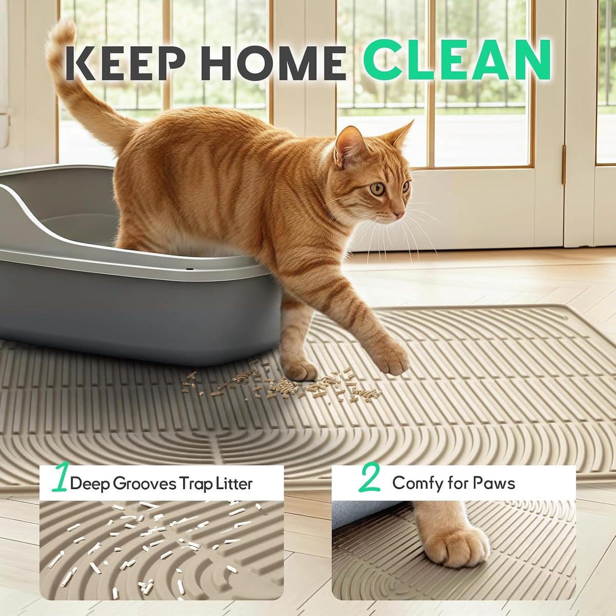 Cat Litter Mat,47" x 35" Extra Large Silicone Waterproof Litter Trapping Mat for Scatter Control - 47" x 35" / Khaki - image 2