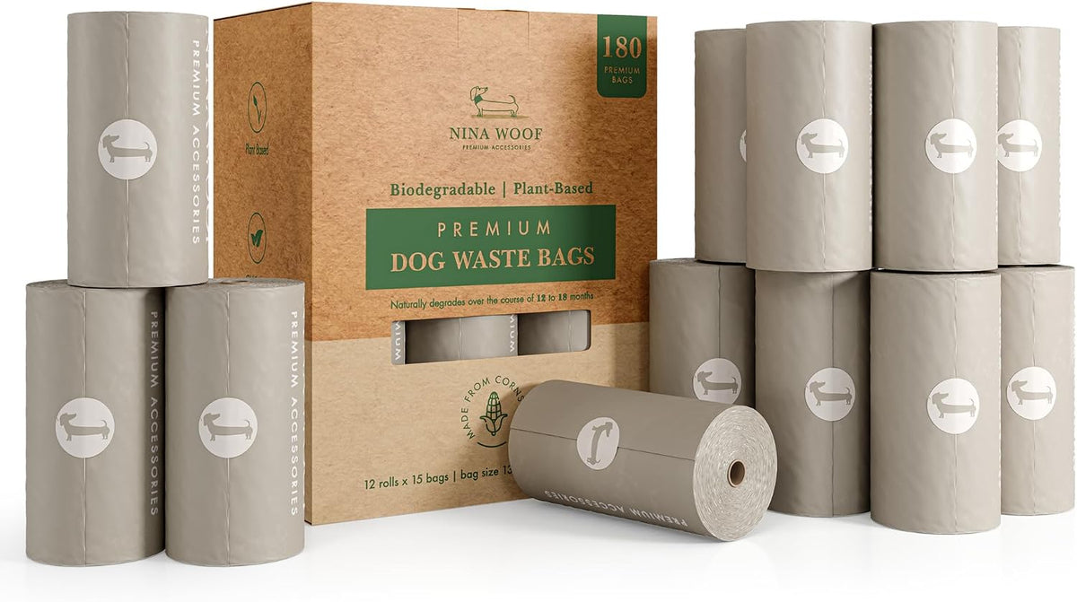 Nina Woof Dog Poop Bags for Daily Walks - Gray / 180 Bags (12 Rolls)