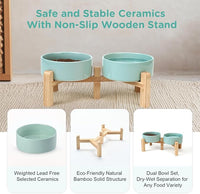 SPUNKYJUNKY Elevated Dog Bowls Ceramic, 5.1'' Dogs and Cat Food Water Bowls Raised with Non-Slip Bamboo Stand for Puppy Small Sized Breed Microwave Dishwasher Safe - 13.5 OZ,Light Green