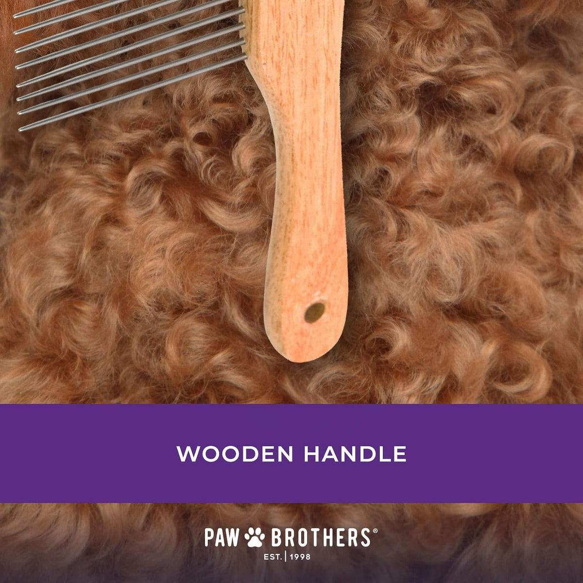 Paw Brothers poodle comb with wooden handle and extra long stainless steel teeth - view 2