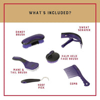 Weaver Equine 6-Piece Horse Grooming Kit, Ergonomic Gentle Horse Care Kit, Equestrian Supplies for Bathing Support, Detangling, and More, Purple/Black