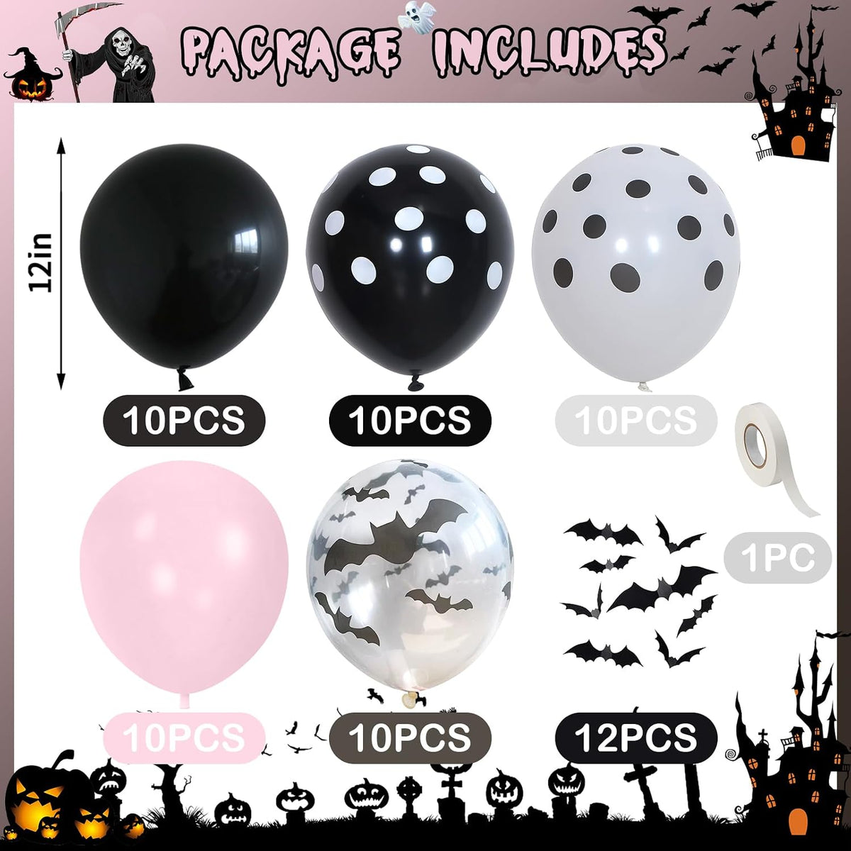 Froova black and white Halloween balloons with ghost and bat prints and bat stickers - view 11