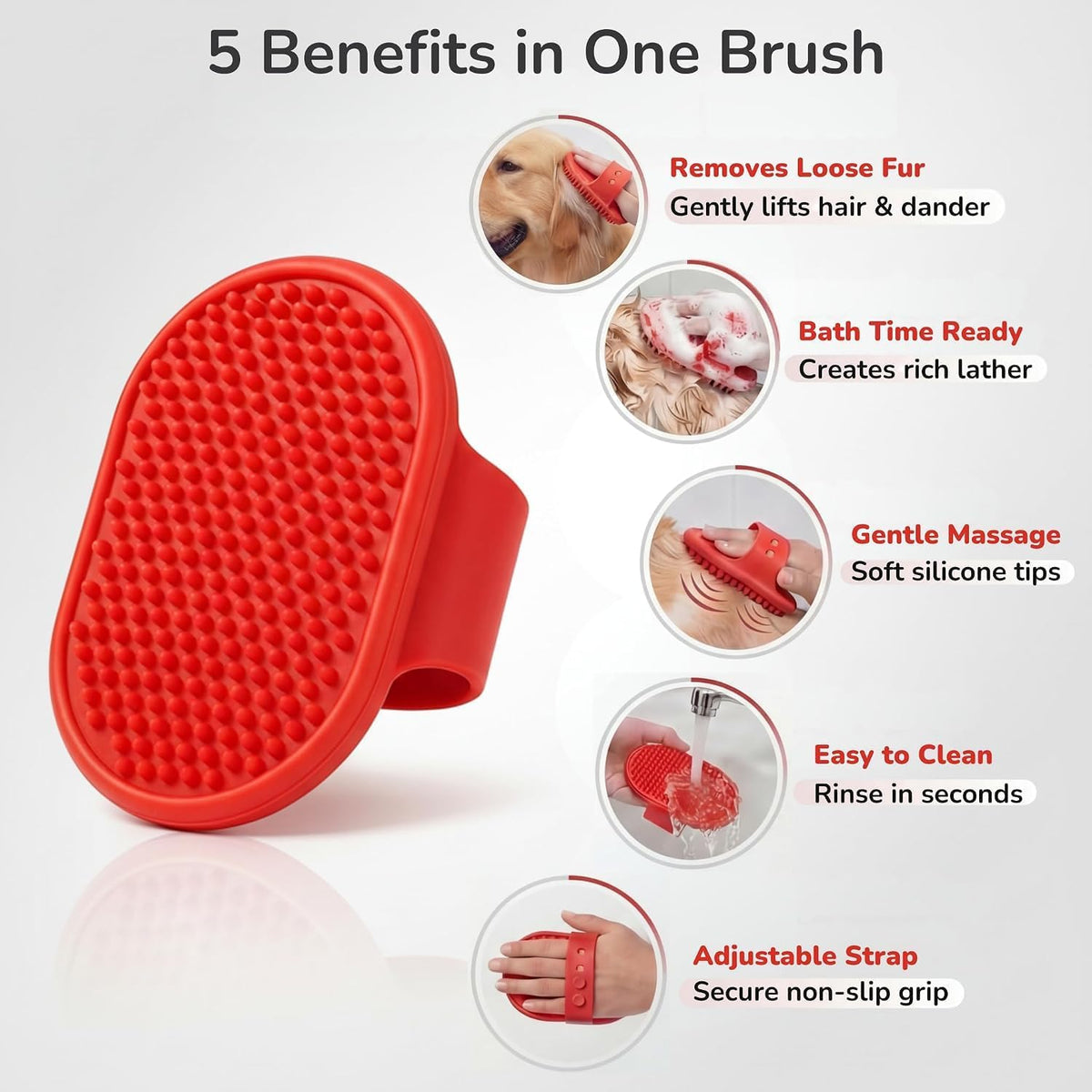 Pets&Goods Rubber Grooming Brush for Dogs & Cats - Red - image 2