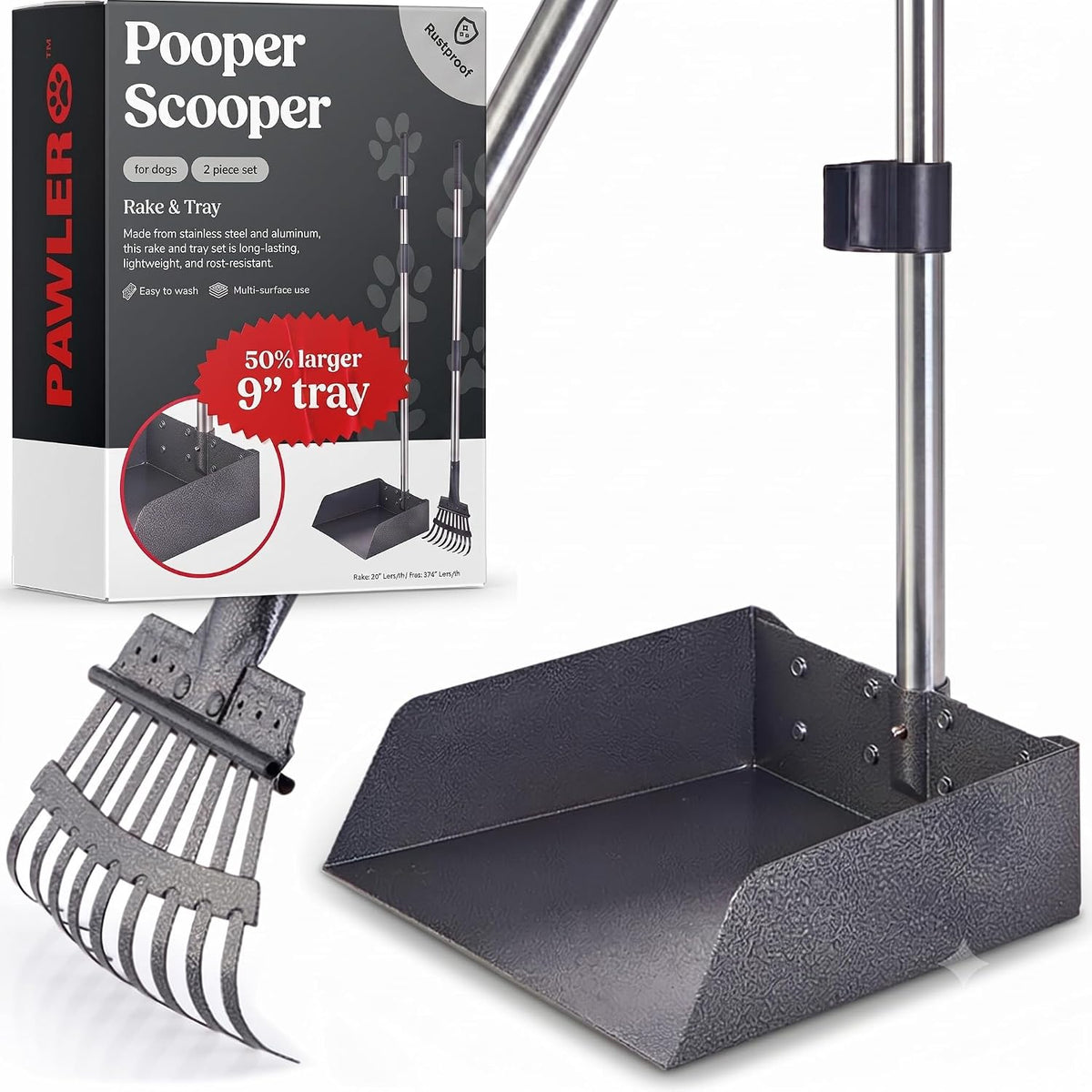 Pooper Scooper for Dogs, Heavy Duty Long Handle Rake - 2 Piece Set - X Large- Silver