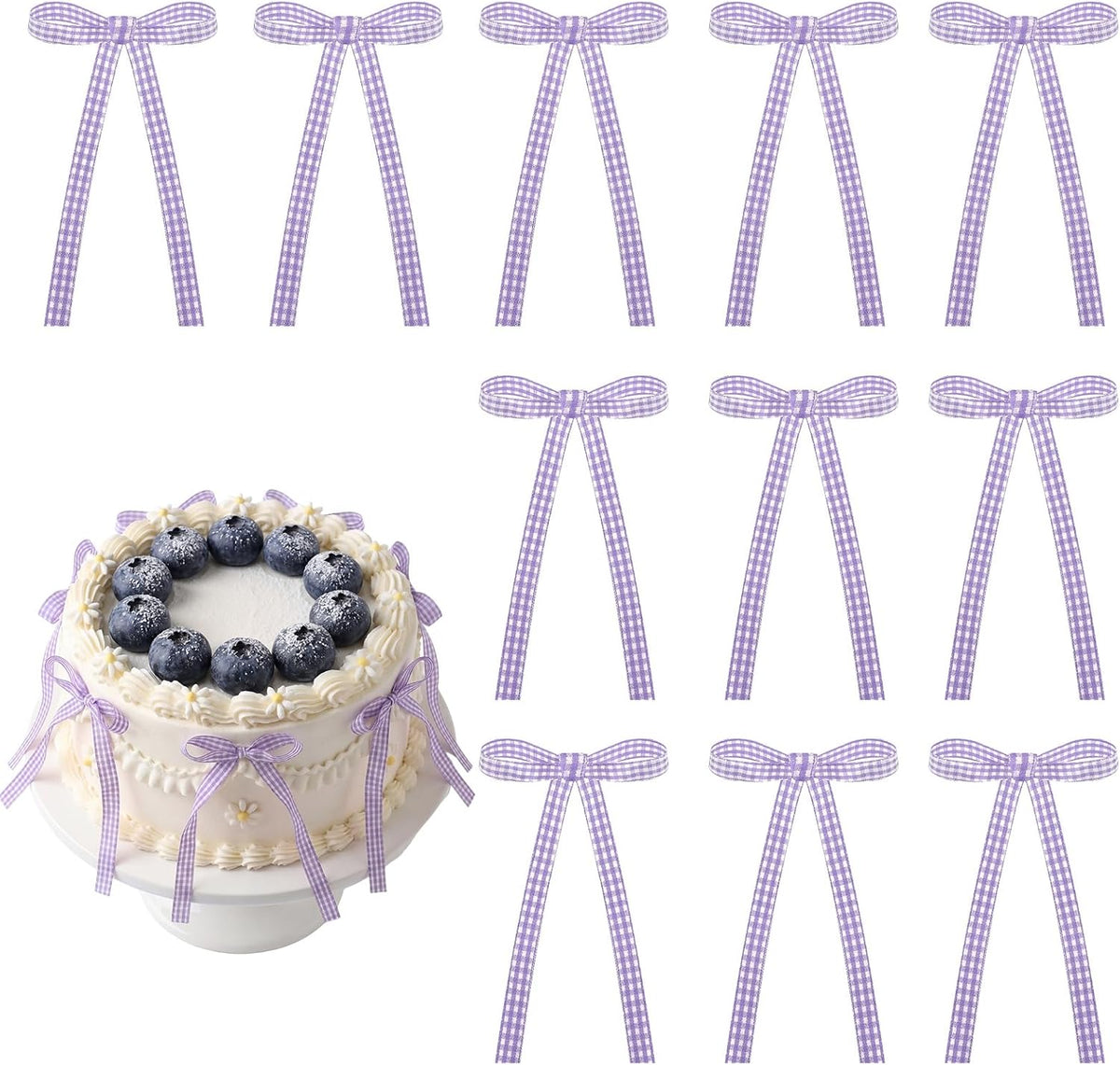 30 Pack Bow Cake Toppers Black Ribbon Bows for Cake Halloween Party - Purple Gingham