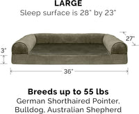 Furhaven Cooling Gel Dog Bed for Large/Medium Dogs w/ Removable Bolsters & Washable Cover, For Dogs Up to 55 lbs - Faux Fur & Velvet Sofa - Dark Sage, Large
