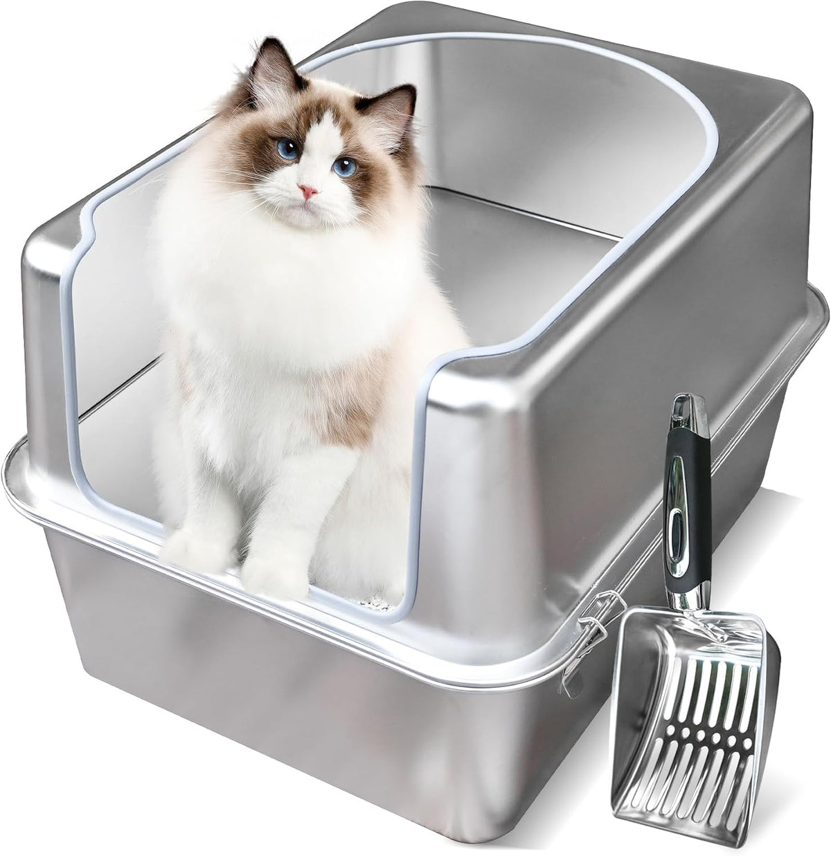 Stainless Steel Litter Box with Metal Lid and Scoop - L:17.7"x13.8"x11.8"