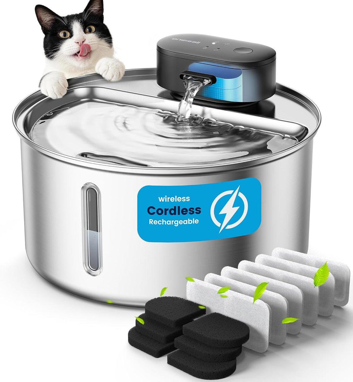 oneisall 108oz/3.2L Wireless Stainless Steel Cat Water Fountain – Essentials for Cats - 108oz Cat Fountain+6 Filters+6 Sponges
