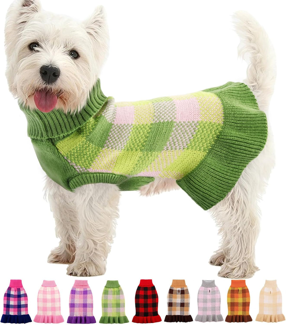Dog Sweater Dress Plaid Knitwear for Small Dogs Girl Christmas Clothes – Essentials for Dogs - Green / X-Small