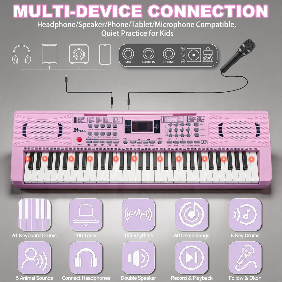 24HOCL pink electronic keyboard piano for kids with 61 lighted keys, LCD screen and microphone - view 9