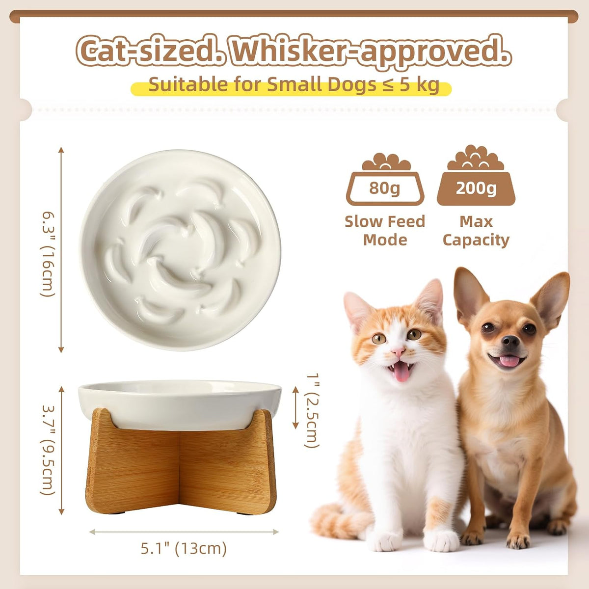 Ceramic Slow Feeder Cat Bowl - White Elevated (Bamboo) / 3.7"H Elevated (Bamboo) - image 2
