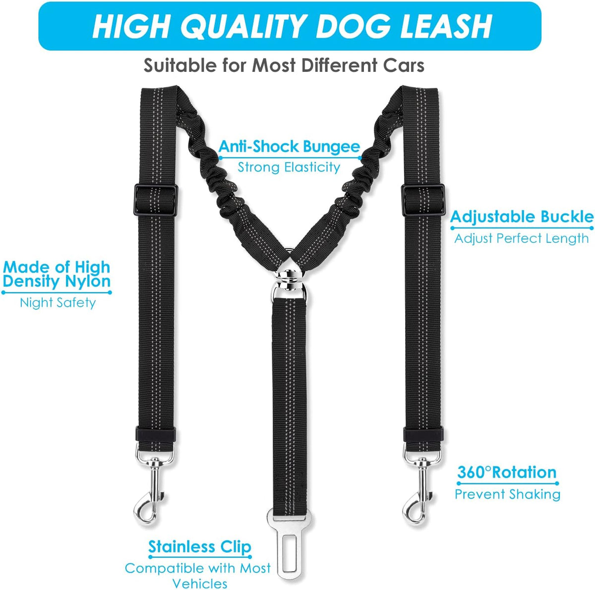 SlowTon Double Dog Seat Belt for Car with Elastic Bungee Buffer - A.Black / 2 Small in 1 - image 3