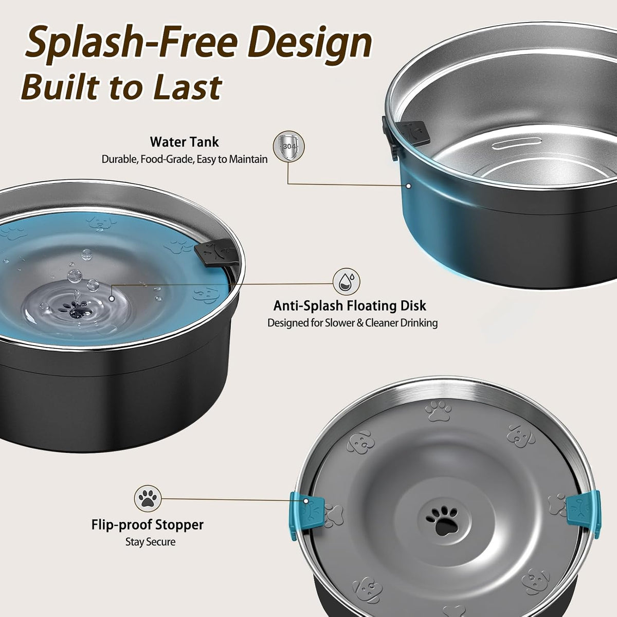 Dog Water Bowl No Spill, 1.5L/50oz Stainless Steel Slow Water Bowl for Dogs, Spill Proof Dog Bowl - Black - image 3