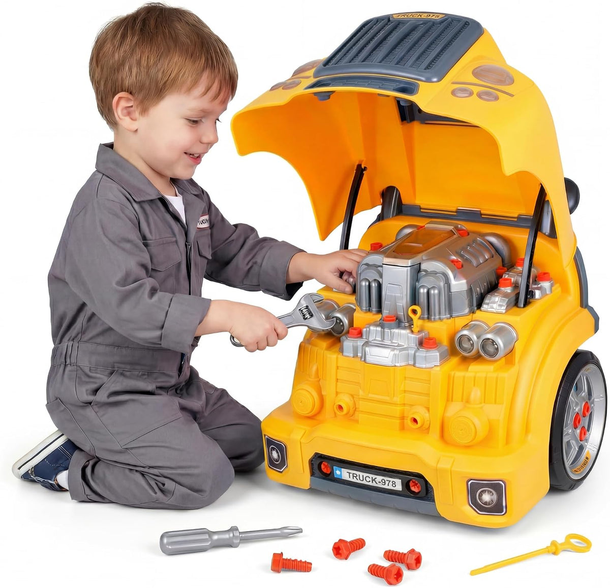 Interactive Truck Engine Toy with Removable Parts, Lights - Yellow
