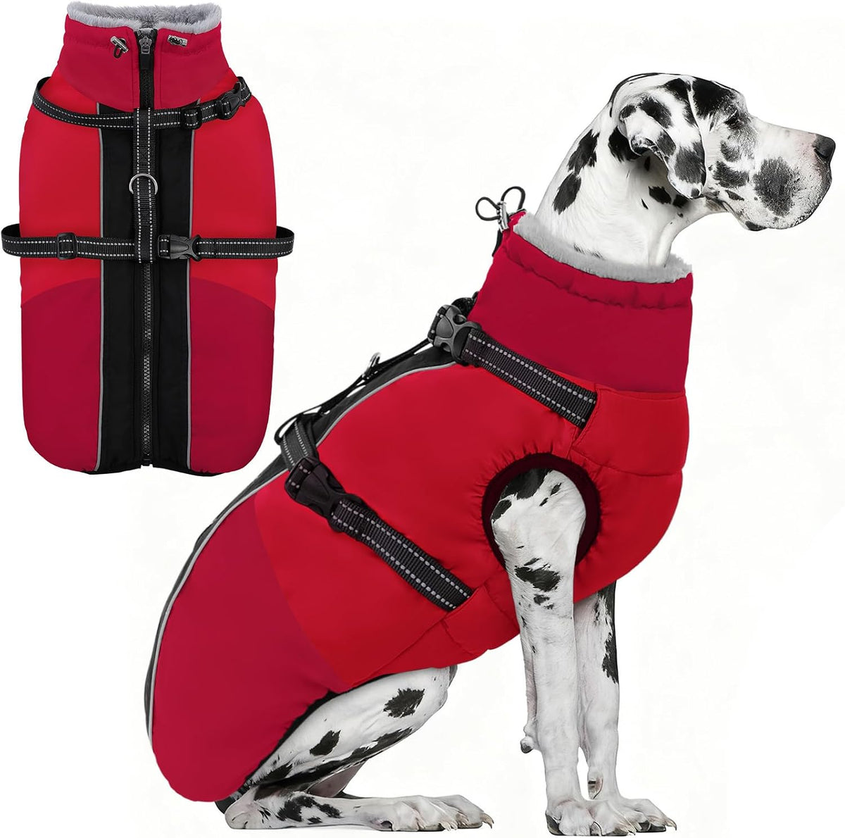 Large Dog Coat Waterproof Dog Winter Jacket with Harness TurquoiseL – Essentials for Dogs - Red / XX-Large