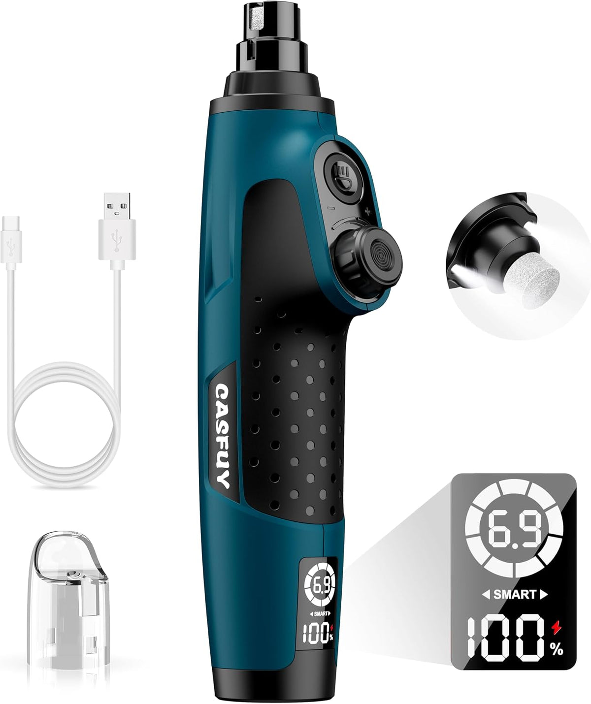 Casfuy Smart 6-Speed Dog Nail Grinder with LED Lights Safe - Dark Blue