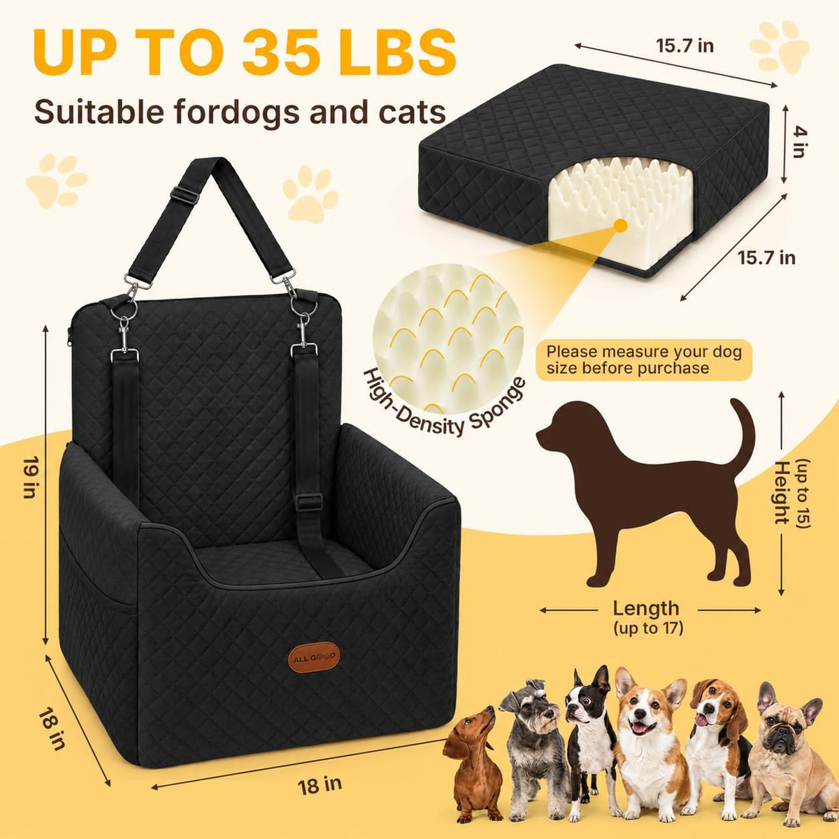 ALL GOOD PET SUPPLIES Dog Car Seat for Small/Medium Dogs Under – Essentials for Dogs - Black - image 3
