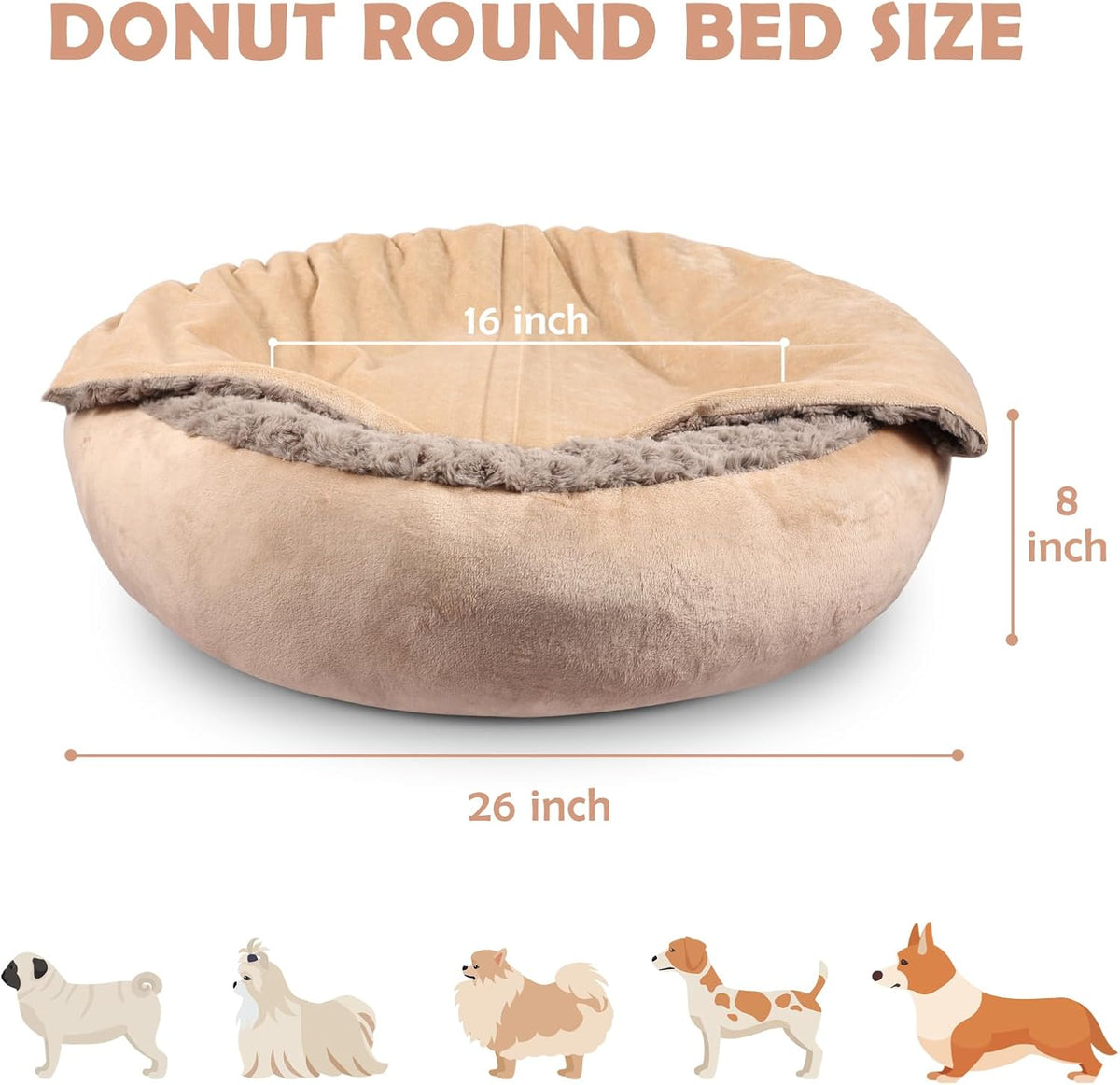JOEJOY Small Dog Bed Cat Bed with Hooded Blanket - M(26" x 26" x 8") / Beige - image 2
