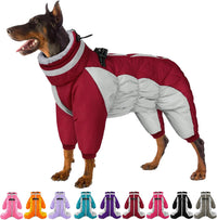 Full body waterproof dog jacket with legs, fleece lining and fur collar
