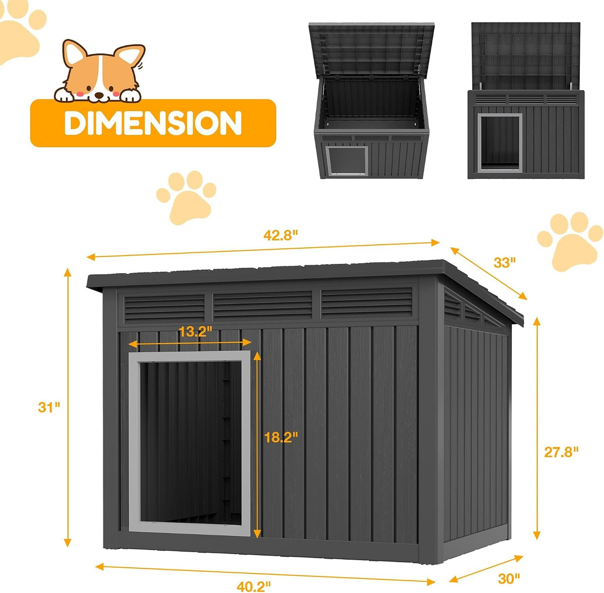 Fancyango Outdoor Dog House for Large Dogs - Matte Black / 43" L x 33" W x 32" H - image 4
