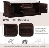 Storage Bench with 2 Drawers and 2 Cabinets, Pine Wood Pine Wood Shoe Bench with Removable Cushion for Living Room, Entryway 42.5" L x 15.9" W x 17.5" H (Espresso)
