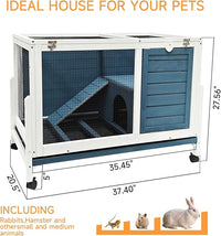 Two Floors Wooden Indoor Bunny Hutch Rabbit Cage on Wheels Guinea Pig PET House for Small to Medium Animals Waterproof No Leak Tray (M)