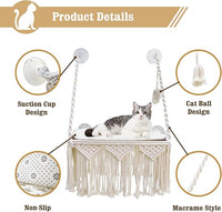 Cat Window Perch Macrame Cat Hammock Boho Wall Mounted Pet Resting Seat Bed for Sunbathing, Napping & Overlooking with 4 Seat Suction Cups & Fleece Blanket & Knitted Ball Toy - Weighted up to 35lbs.