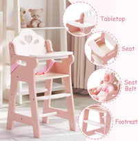 ROBOTIME wooden doll high chair with tray, footrest and flower shaped back in white and pink - view 4