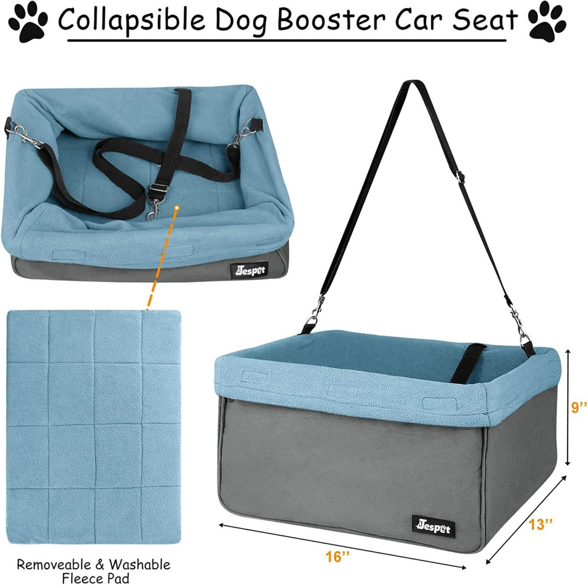 Jespet Dog Booster Seat for Cars, Travel Carrier with Seat Belt – Essentials for Dogs - Gray-16 L x 13" D x 9" H - image 3