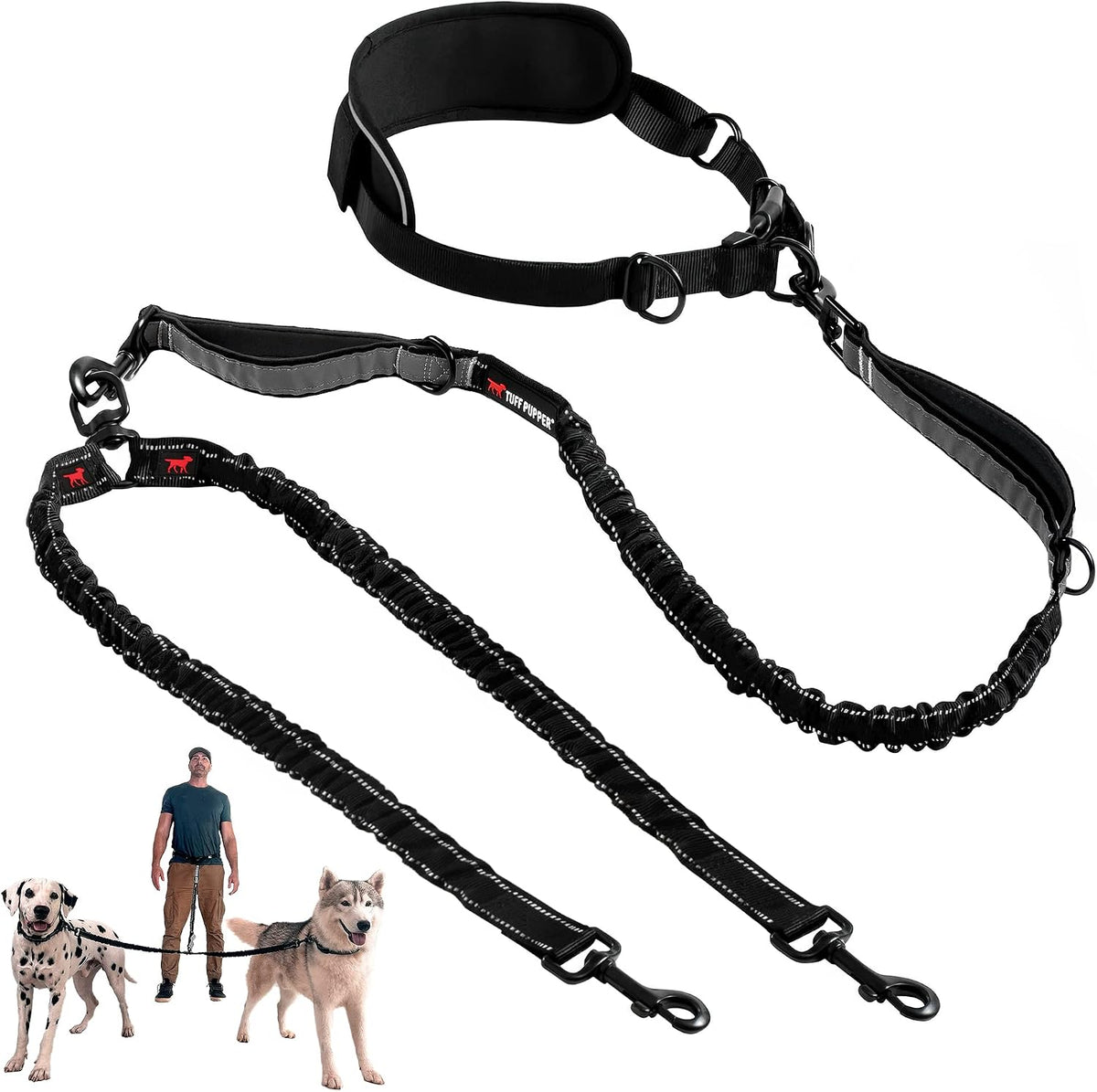Tuff Pupper Heavy Duty Hands Free Bungee Dog Leash - Two Large Dogs (45-125 pounds each)