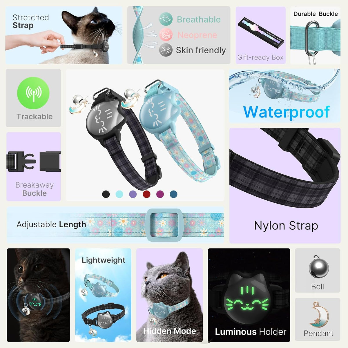 AirTag Cat Collar, Reflective Breakaway Collar - Black Checkered / Small(9-13inch) - image 3