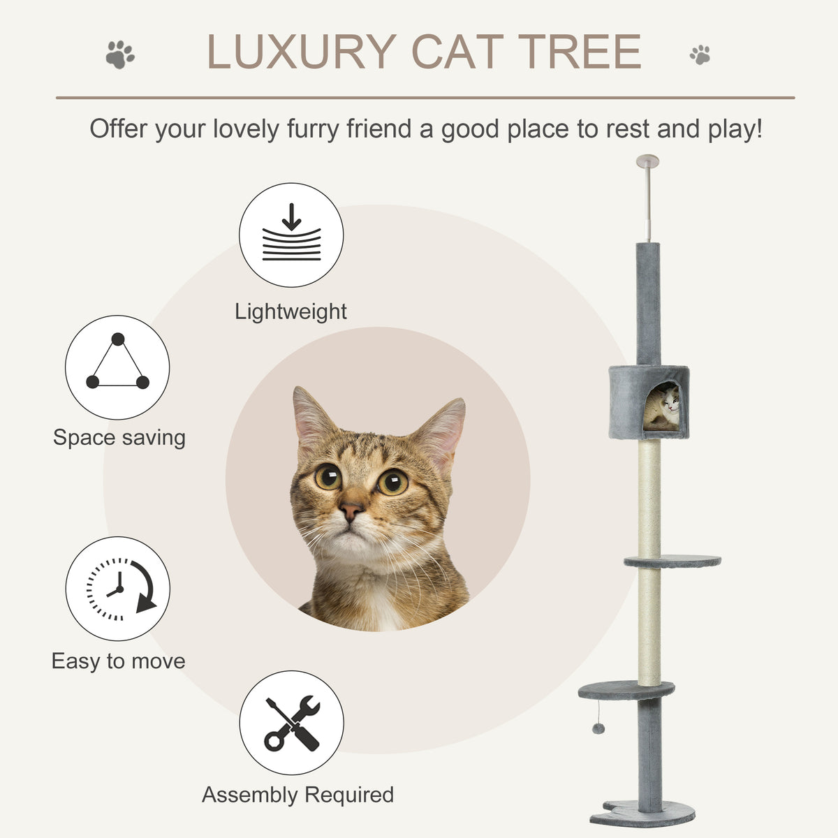100" Cat Tree Height Adjustable Floor-to-Ceiling 4-Tier Kitty Climbing Activity Center Condo Cat Toy with Scratching Pos