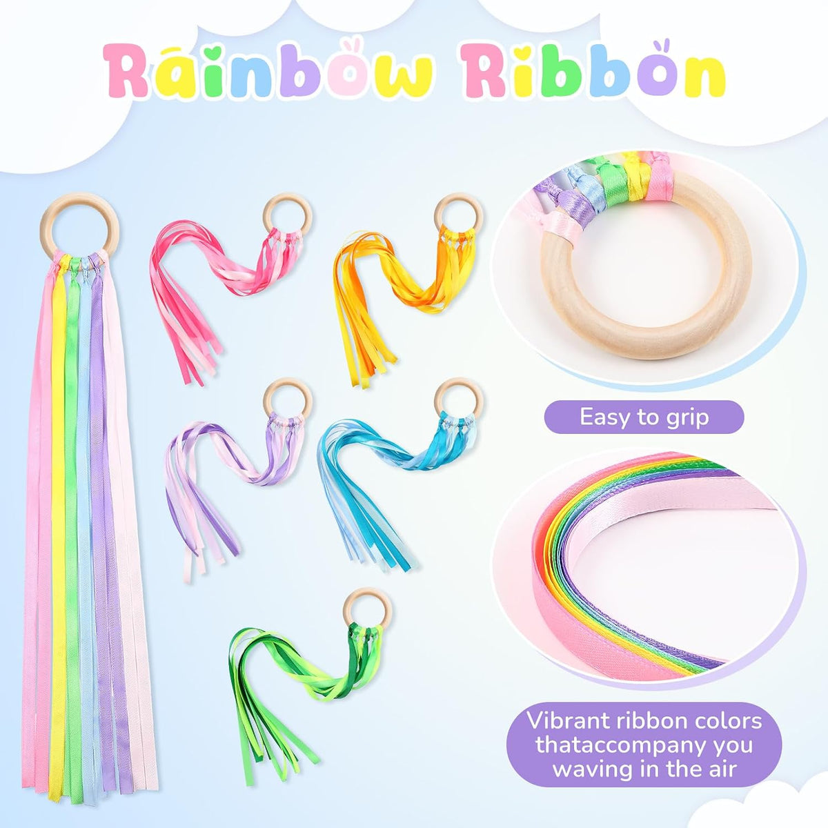 Deekin rainbow ribbon rings, wooden Waldorf hand kites with bright streamers - view 17