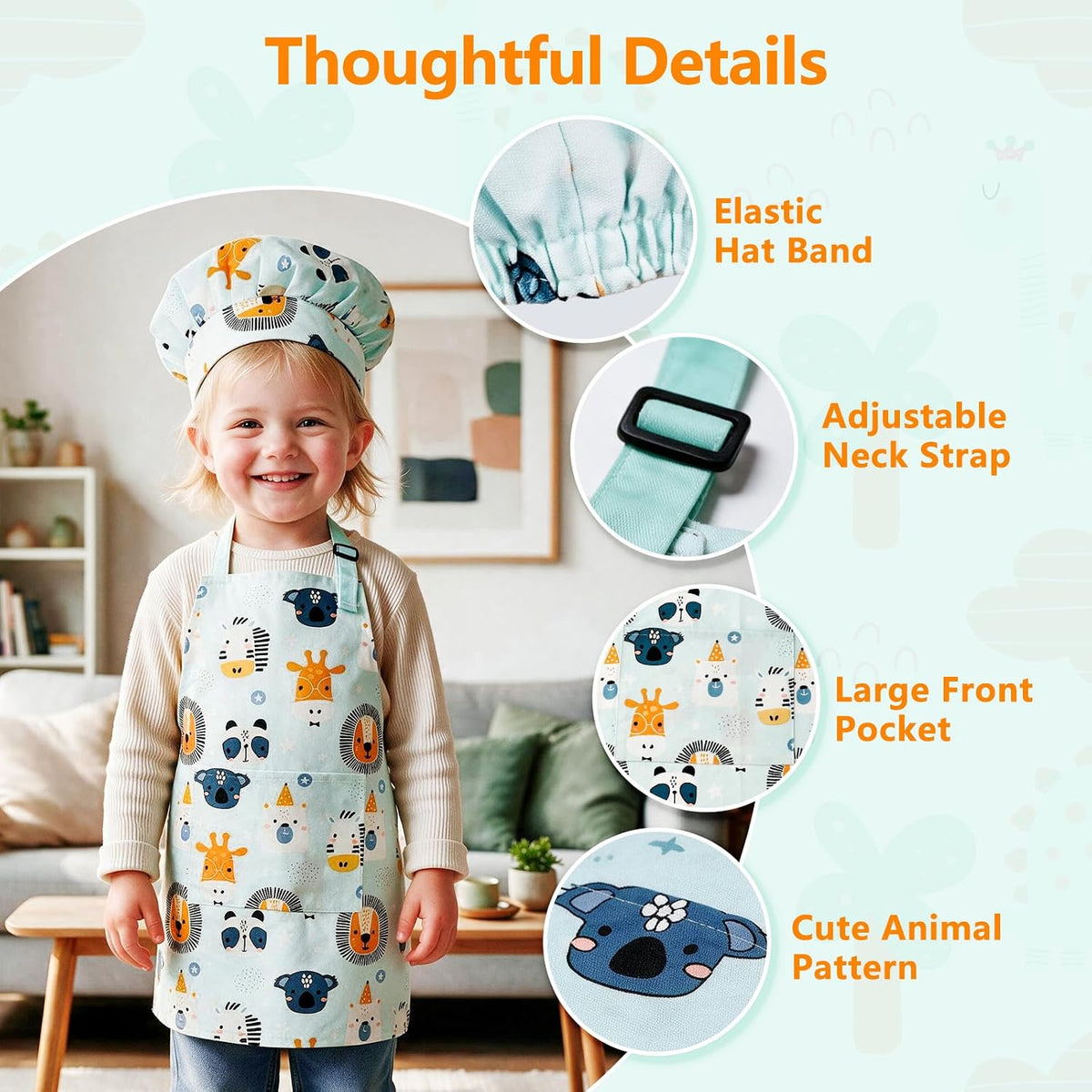 Kids Apron for Boys and Girls Aged 3-6 100% Cotton Blue WQHM – Fun for Kids & Family - Green Apron & Hat - image 2