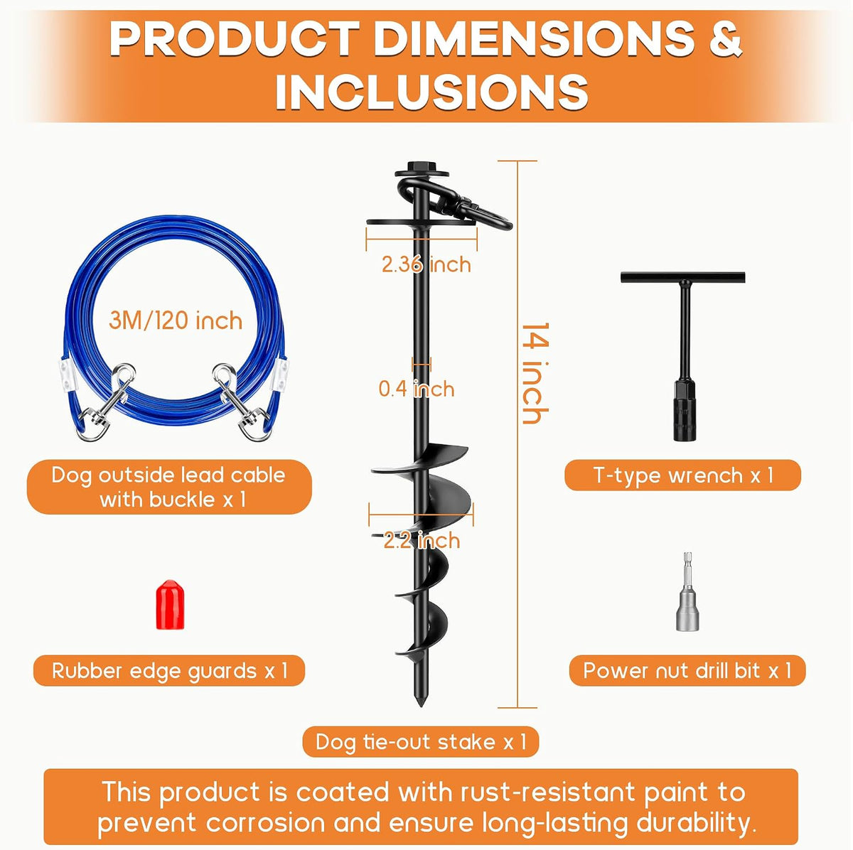 Dog Tie Out Stake, Heavy Duty 360°Swivel Dog Outside Lead Cable - image 2